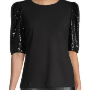ELIE TAHARI Sequin Puff Sleeve T-Shirt S *NWT* Sky Captain Navy